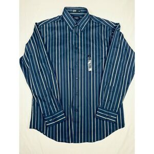 Haggar Mens Long Sleeve Button Down Shirt Medium No Iron Cotton Blue Stripe